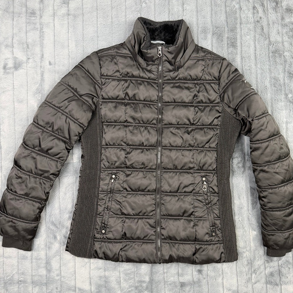 Nautica Womens Black Puffer Jacket Quilted Faux Fur Collar Size L 8588